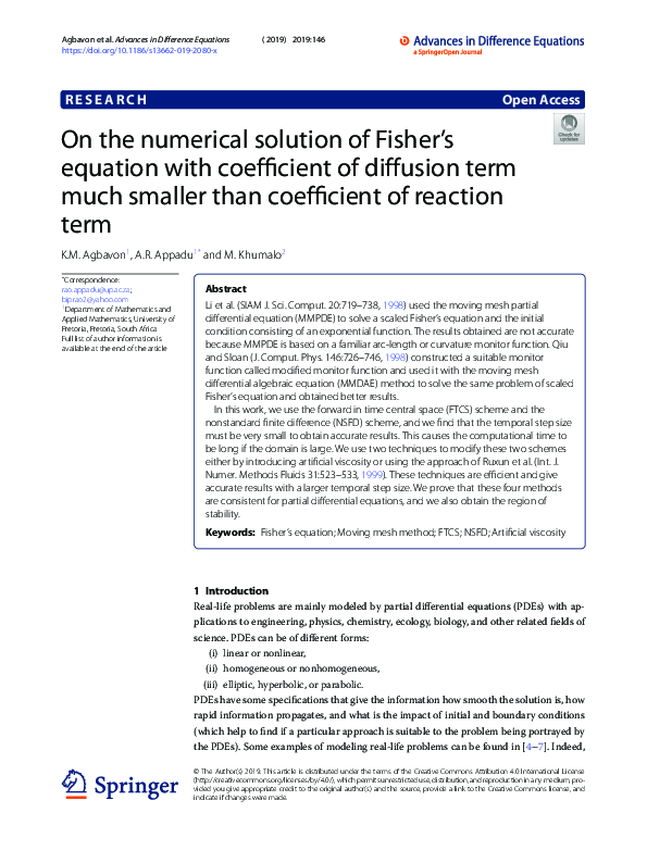 (PDF) On the numerical solution of Fisher’s equation with coefficient ...