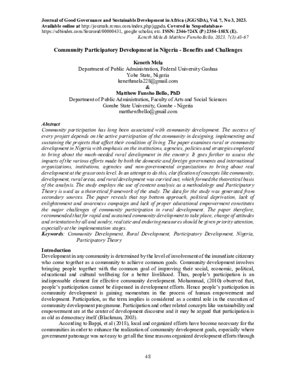 (PDF) Community Participatory Development in Nigeria -Benefits and ...