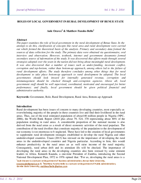 (PDF) Roles of Local Government in Rural Development of Benue State