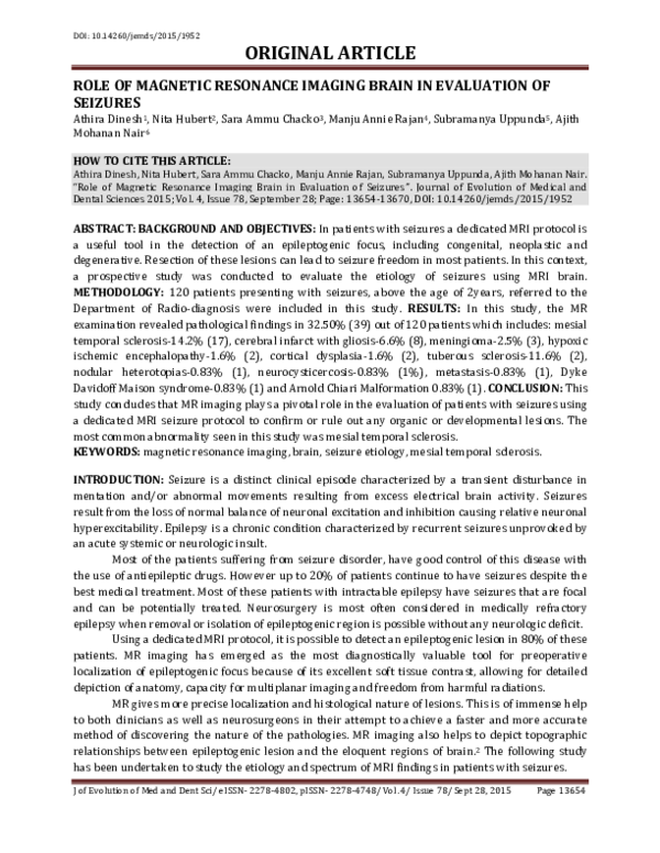 (PDF) Role of Magnetic Resonance Imaging Brain in Evaluation of Seizures
