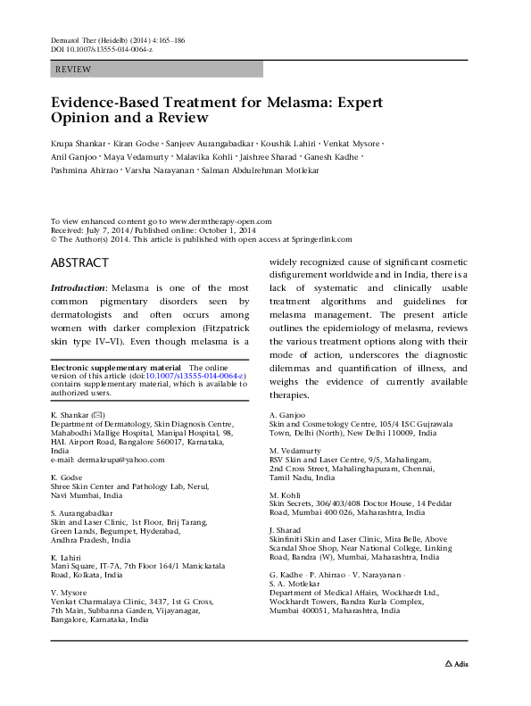 (PDF) Evidence-Based Treatment for Melasma: Expert Opinion and a Review