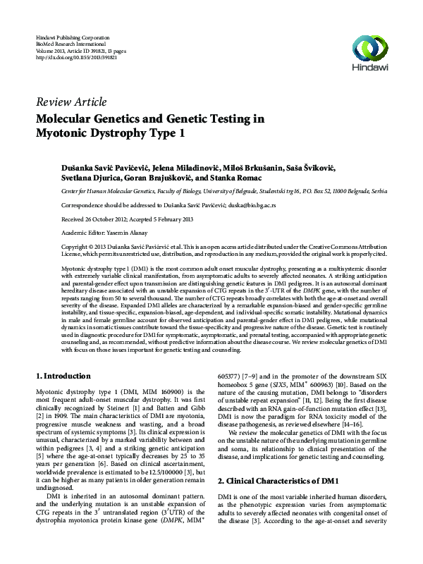 (PDF) Molecular Genetics and Genetic Testing in Myotonic Dystrophy Type ...