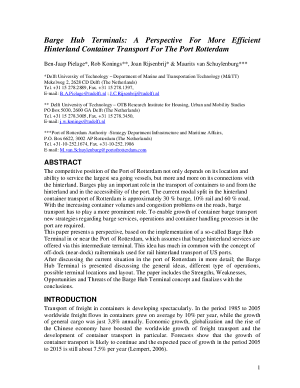 (PDF) Barge Hub Terminals: A Perspective For More Efficient Hinterland ...