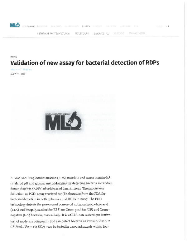 (PDF) VALIDATION OF NEW ASSAY FOR BACTERIAL DETECTION OF RANDOM DONOR
