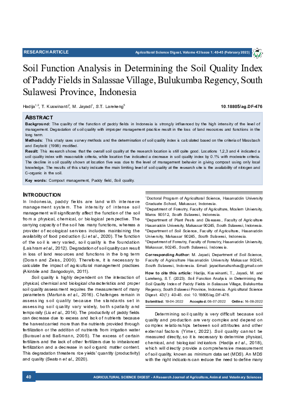 (PDF) Soil Function Analysis in Determining the Soil Quality Index of ...