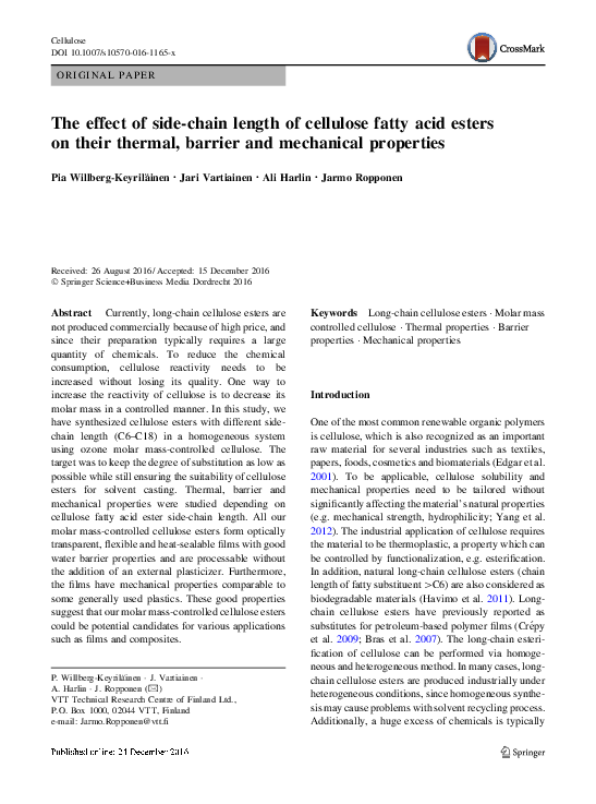 (PDF) The effect of sidechain length of cellulose fatty acid esters on