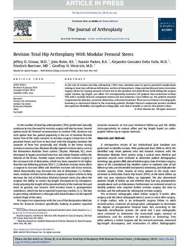 (PDF) Revision total hip arthroplasty with modular femoral stems