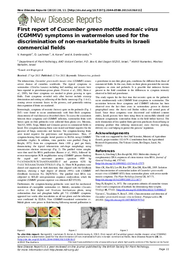 (PDF) First report of Cucumber green mottle mosaic virus (CGMMV