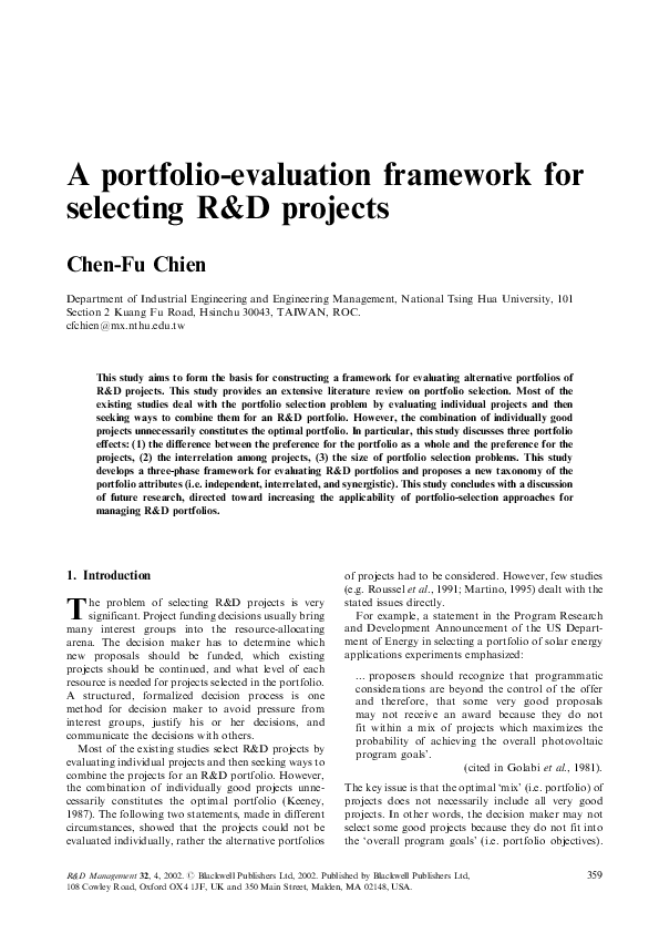 (PDF) A portfolio–evaluation framework for selecting R&D projects