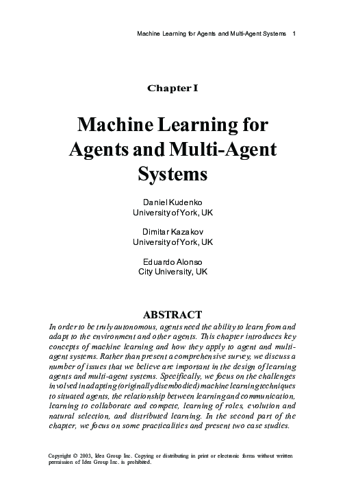 (PDF) Machine Learning for Agents and Multi-Agent Systems