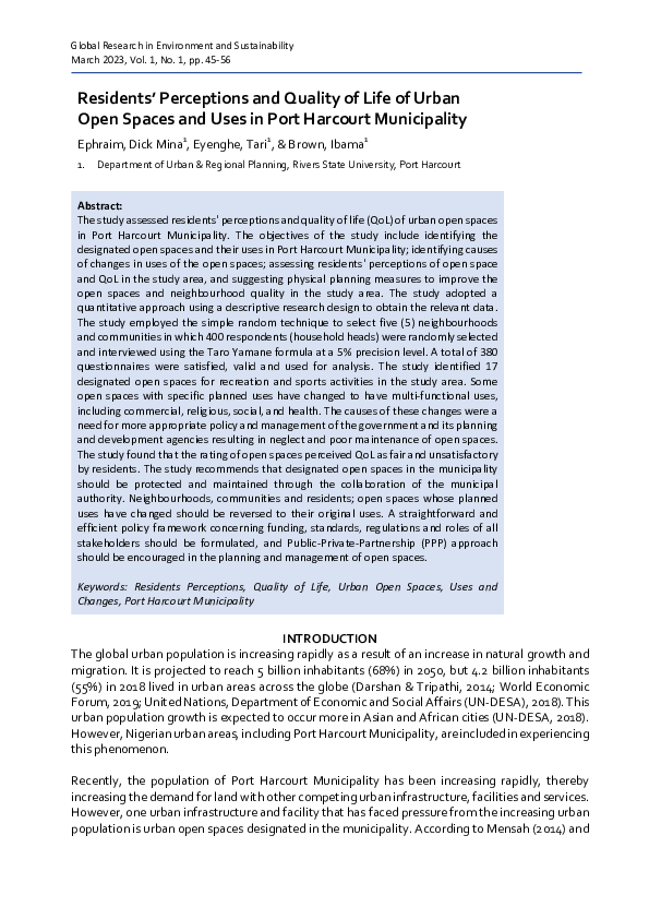 (PDF) Residents' Perceptions and Quality of Life of Urban Open Spaces ...