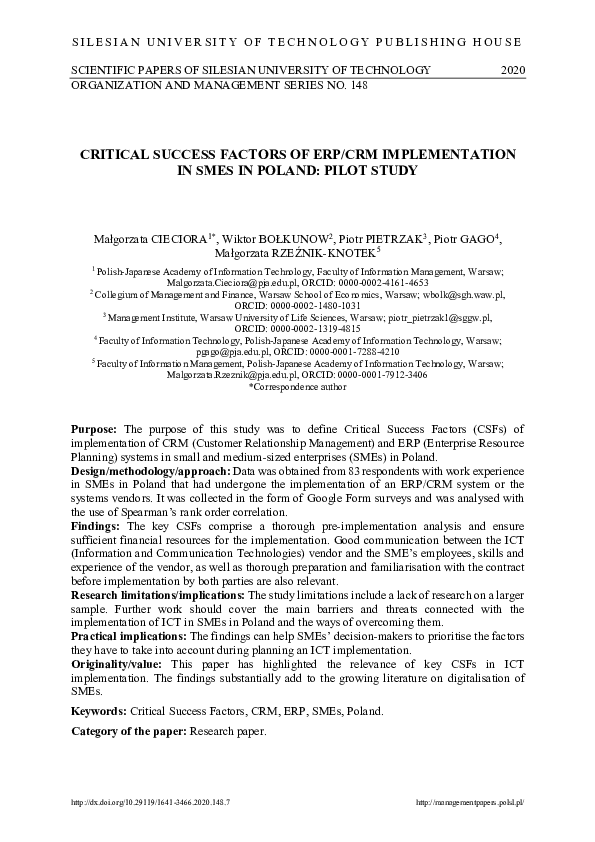 (PDF) Critical success factors of ERP/CRM implementation in SMEs in ...