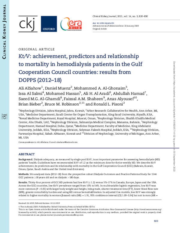 (PDF) Kt/V: achievement, predictors and relationship to mortality in ...