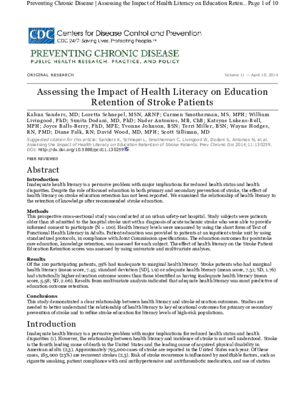 (PDF) Assessing the Impact of Health Literacy on Education Retention of Stroke Patients Kalina