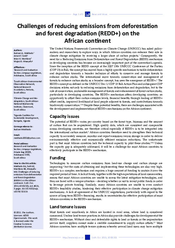 (PDF) Challenges of reducing emissions from deforestation and forest ...