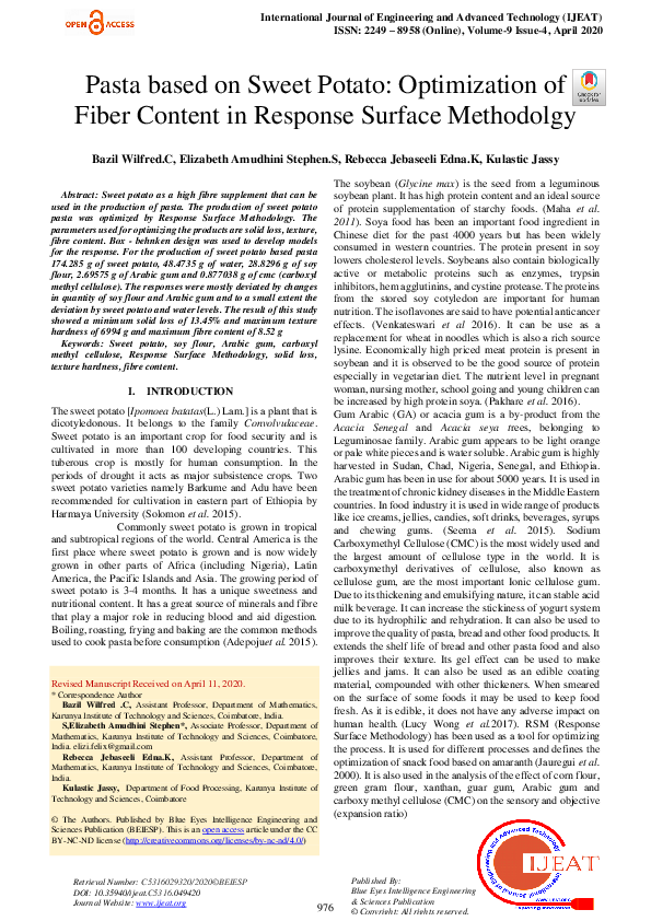 (PDF) Pasta based on Sweet Potato: Optimization of Fiber Content in ...