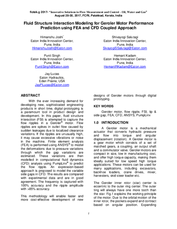 (PDF) Fluid Structure Interaction Modeling for Geroler Motor ...