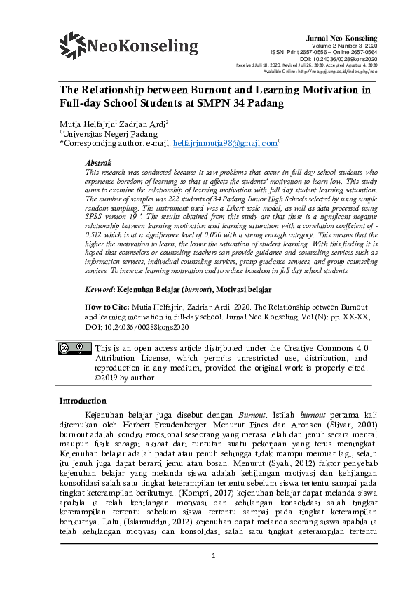 (PDF) The Relationship between Burnout and Learning Motivation in Full ...