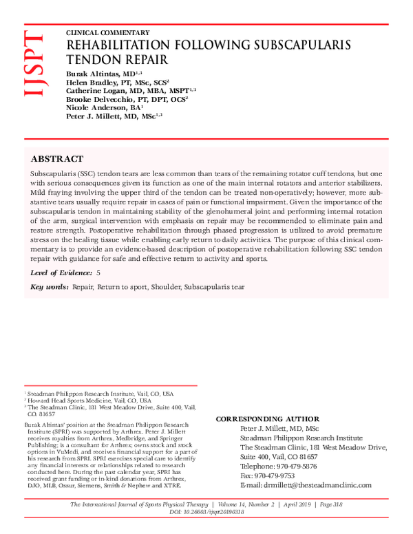 (PDF) Rehabilitation Following Subscapularis Tendon Repair