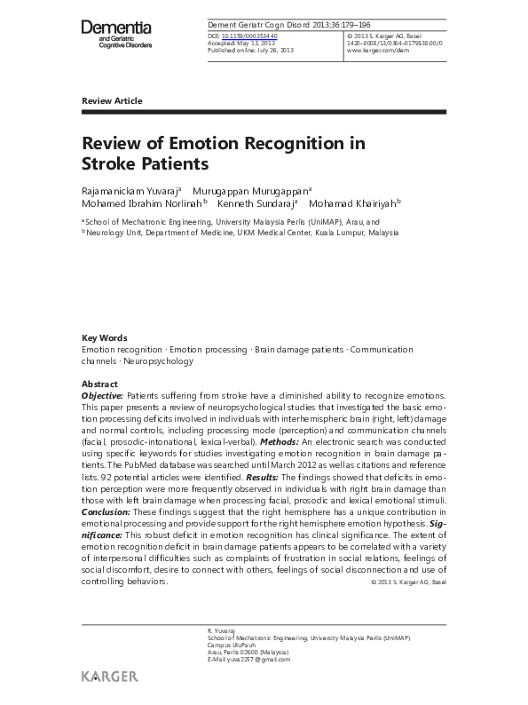 (PDF) Review of Emotion Recognition in Stroke Patients