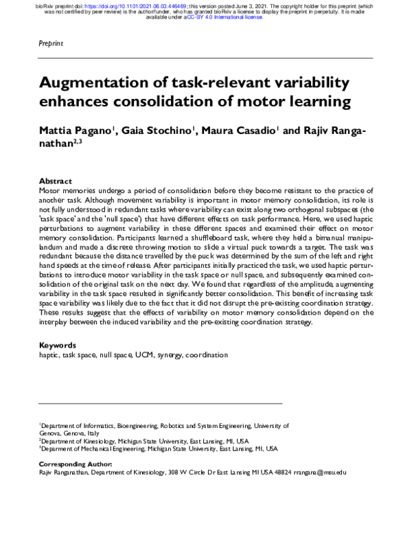 (PDF) Augmentation of task-relevant variability enhances consolidation ...