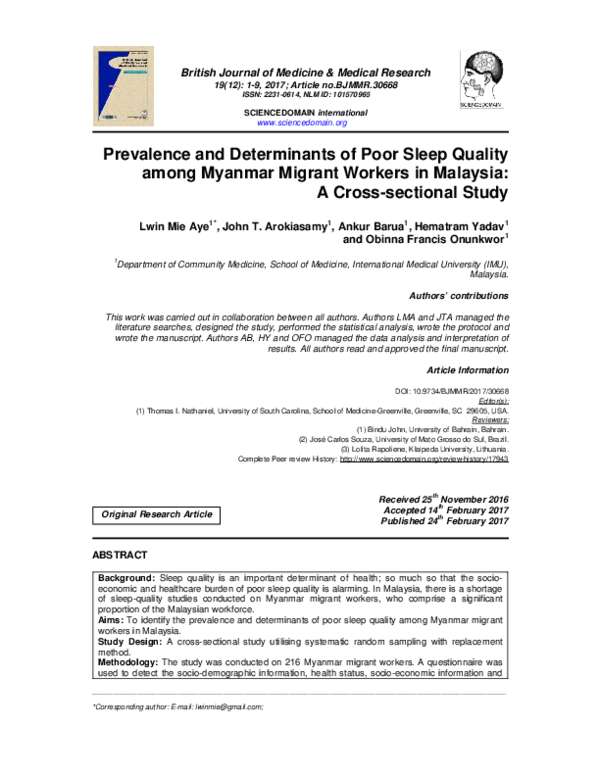 (PDF) Prevalence and Determinants of Poor Sleep Quality among Myanmar ...