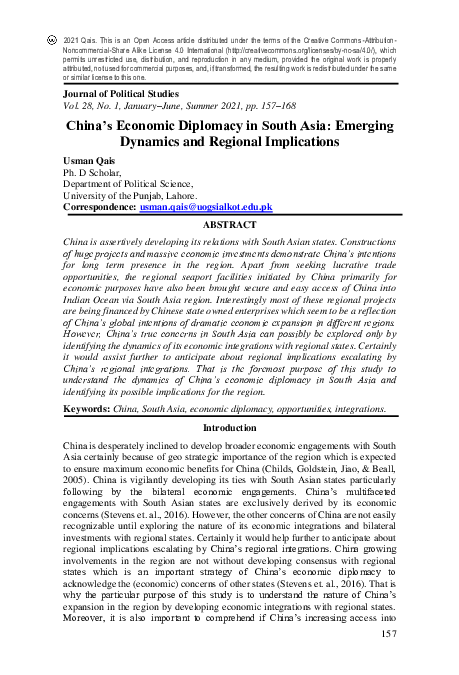(PDF) China’s Economic Diplomacy in South Asia: Emerging Dynamics and ...