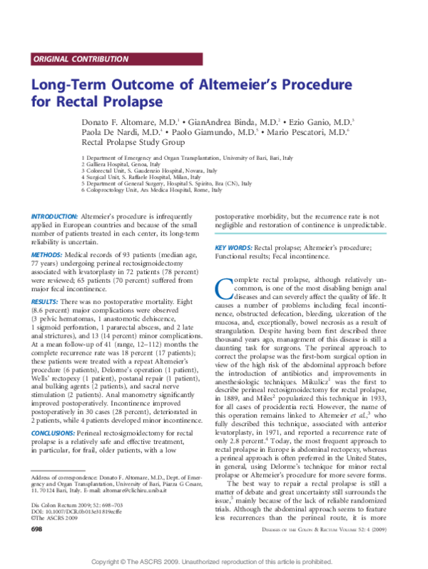 (PDF) Long-Term Outcome of Altemeier's Procedure for Rectal Prolapse