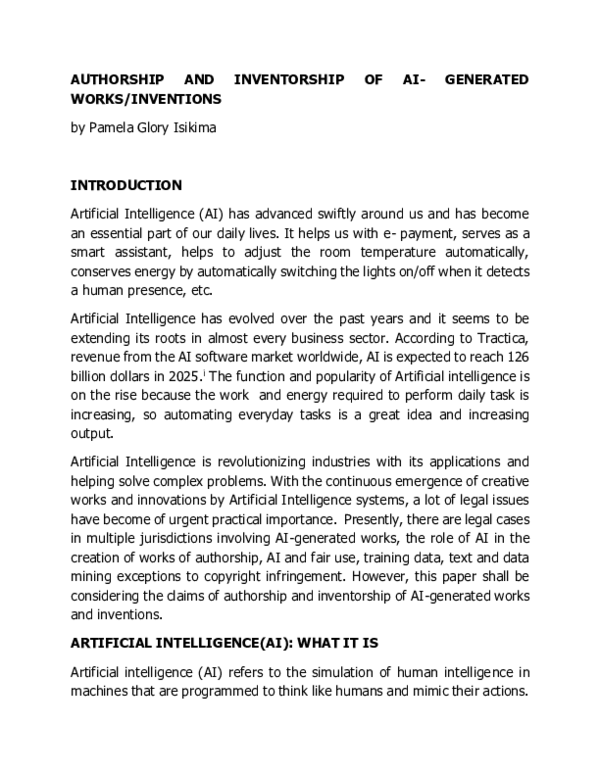 (PDF) AUTHORSHIP AND INVENTORSHIP OF AI-GENERATED WORKS/INVENTIONS
