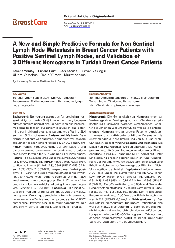 (PDF) A New and Simple Predictive Formula for Non-Sentinel Lymph Node ...