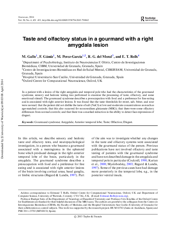 (PDF) Taste and olfactory status in a gourmand with a right amygdala lesion