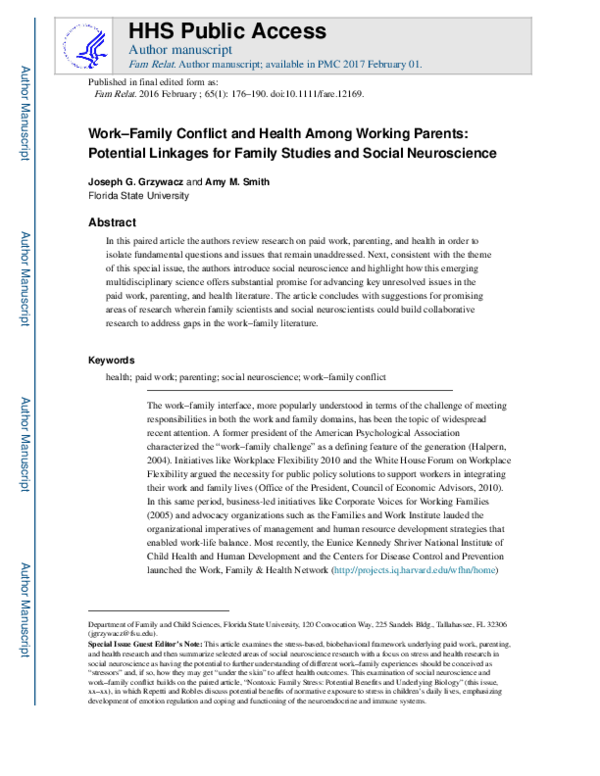 (PDF) Work-Family Conflict and Health Among Working Parents: Potential ...