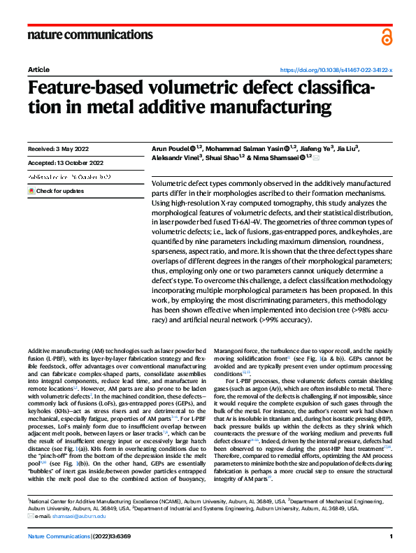 (PDF) Feature-based volumetric defect classification in metal additive ...