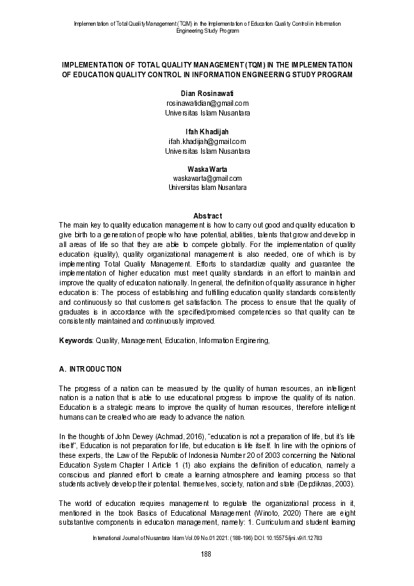 (PDF) Implementation of Total Quality Management (TQM) in the ...