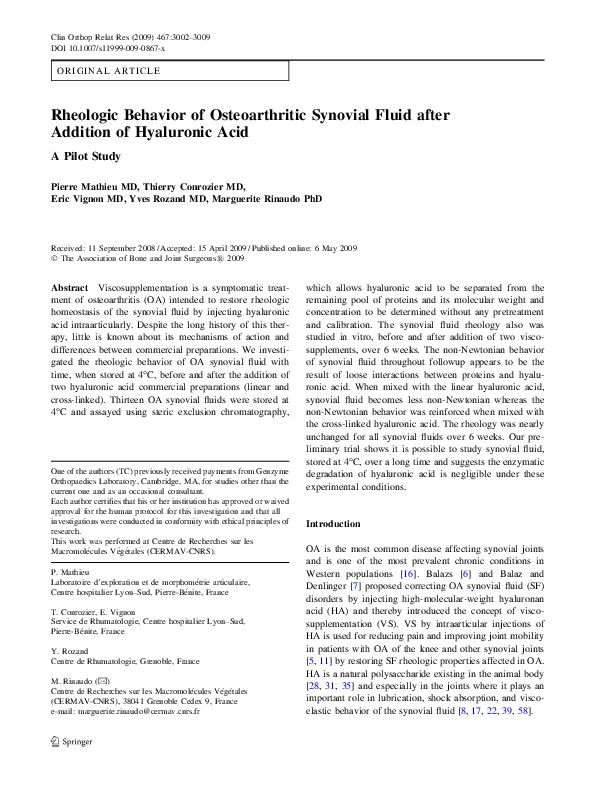 (PDF) Rheologic Behavior of Osteoarthritic Synovial Fluid after ...