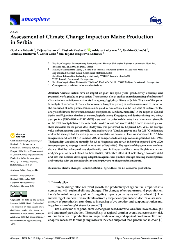 (PDF) Assessment of Climate Change Impact on Maize Production in Serbia