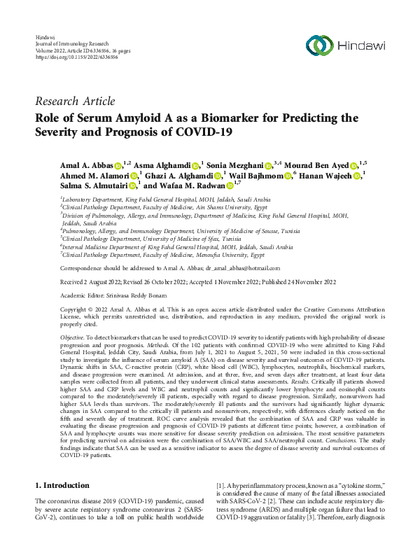 (PDF) Role of Serum Amyloid A as a Biomarker for Predicting the ...