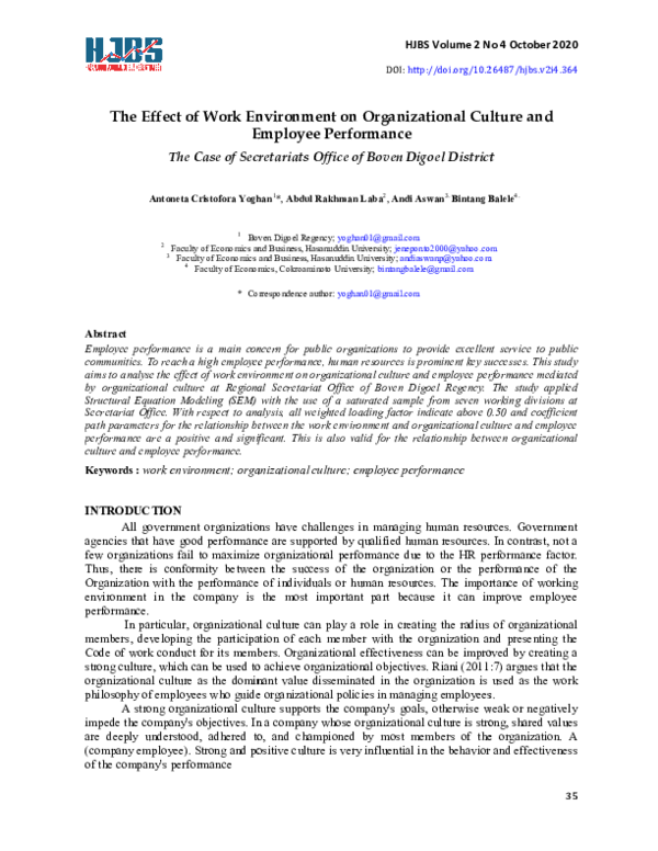 (PDF) The Effect of Work Environment on Organizational Culture and ...