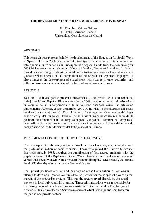 (PDF) The development of social work education in Spain