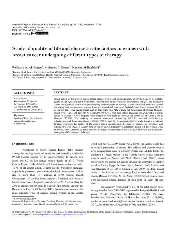 (PDF) Study of quality of life and characteristic factors in women with ...
