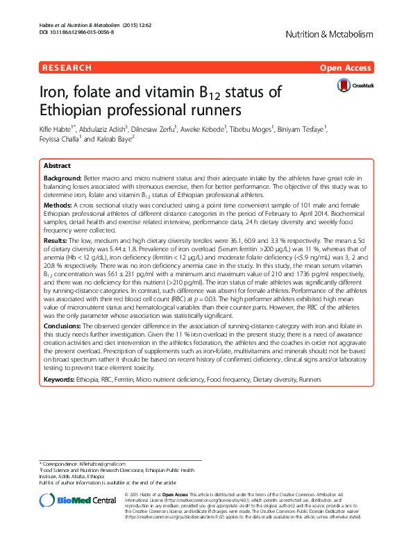 (PDF) Iron, folate and vitamin B12 status of Ethiopian professional runners Biniyam Tesfaye
