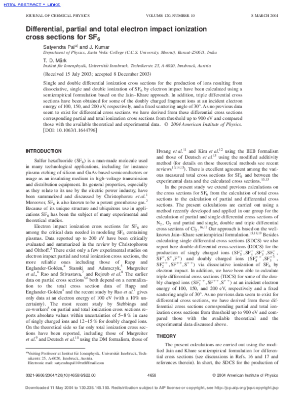 (PDF) Differential, partial and total electron impact ionization cross ...