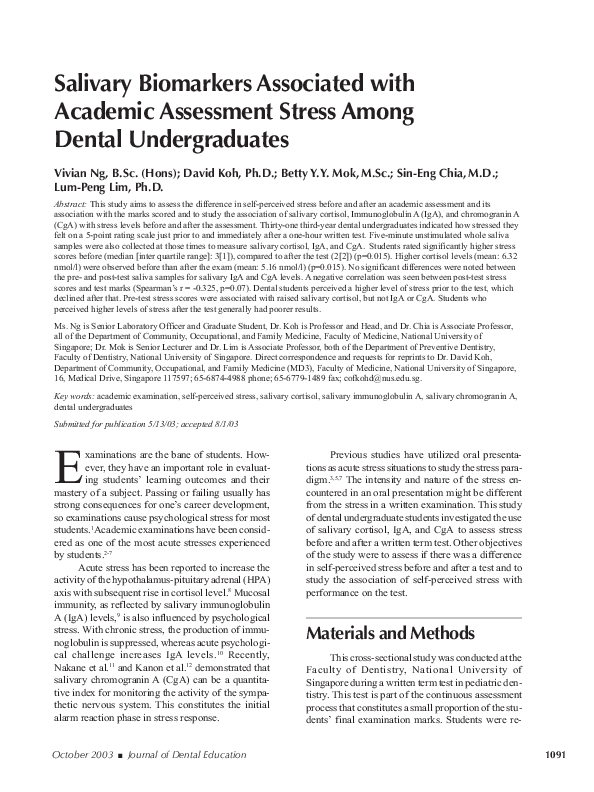 (PDF) Salivary Biomarkers Associated with Academic Assessment Stress ...