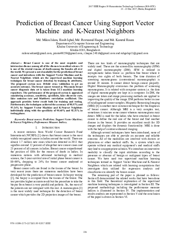 (PDF) Prediction of breast cancer using support vector machine and K ...