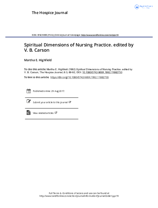 (PDF) Spiritual Dimensions of Nursing Practice. edited by V. B. Carson