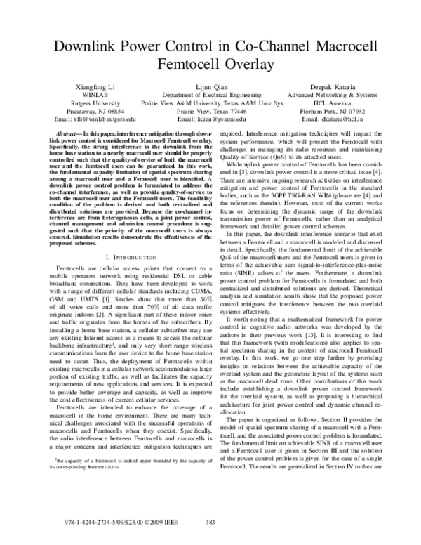 (PDF) Downlink power control in co-channel macrocell femtocell overlay