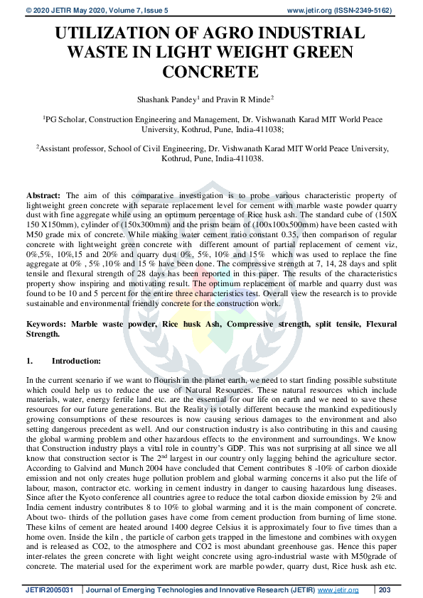 (PDF) Utilization of Agro Industrial Waste in Light Weight Green Concrete