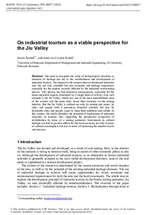 (PDF) On industrial tourism as a viable perspective for the Jiu Valley