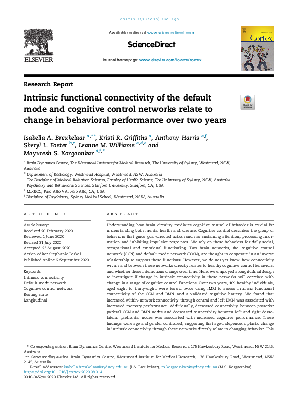 (PDF) Intrinsic functional connectivity of the default mode and ...