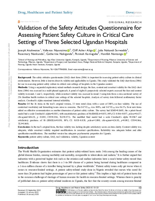 (PDF) Validation of the Safety Attitudes Questionnaire for Assessing